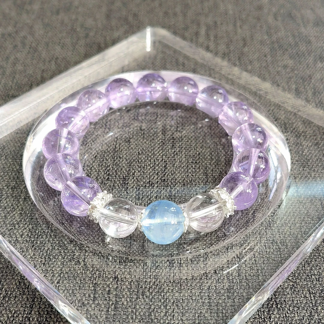 天然 薰衣草紫水晶 白水晶 海蓝宝 卡10 原创手串