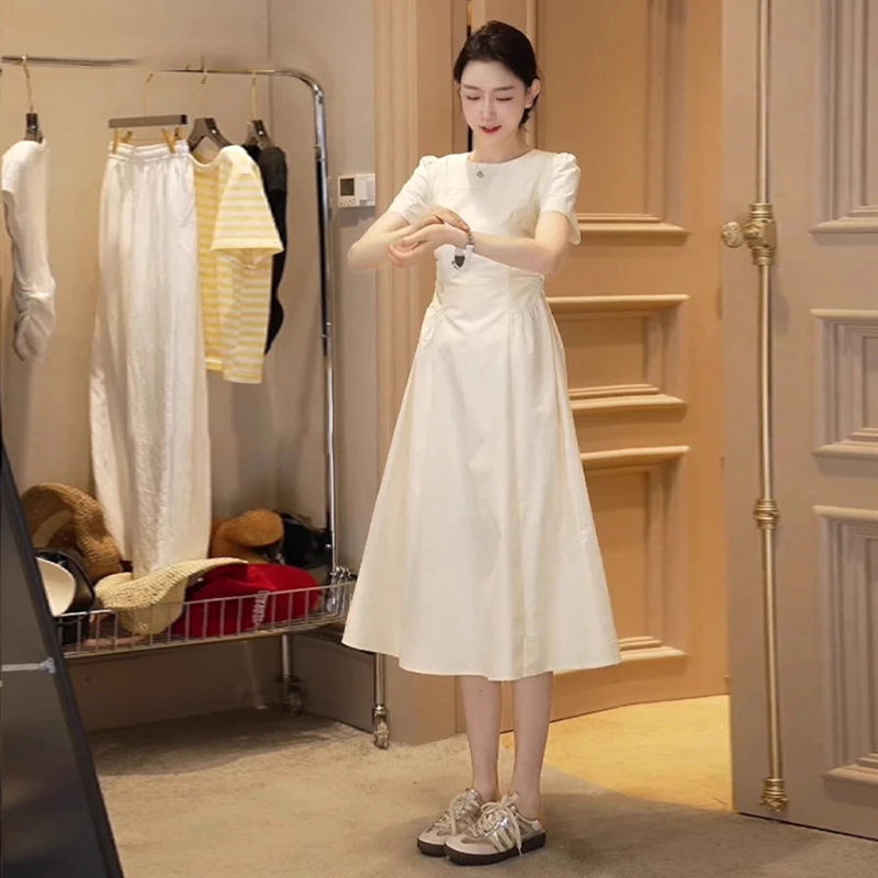 2328夏季2025新款法式小个子米白色a字连衣裙女高级感气质显瘦裙