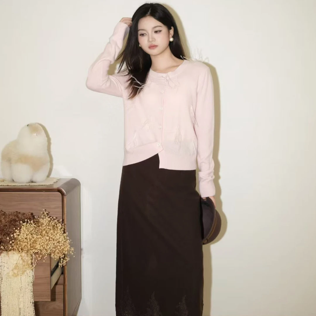 甜美风立流苏羽毛针织开衫女秋冬粉色显白短开衫外套