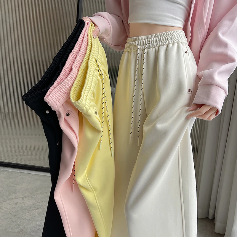 实拍香蕉卫裤女2025春季新款高腰垂感休闲运动米白色直筒阔腿长裤