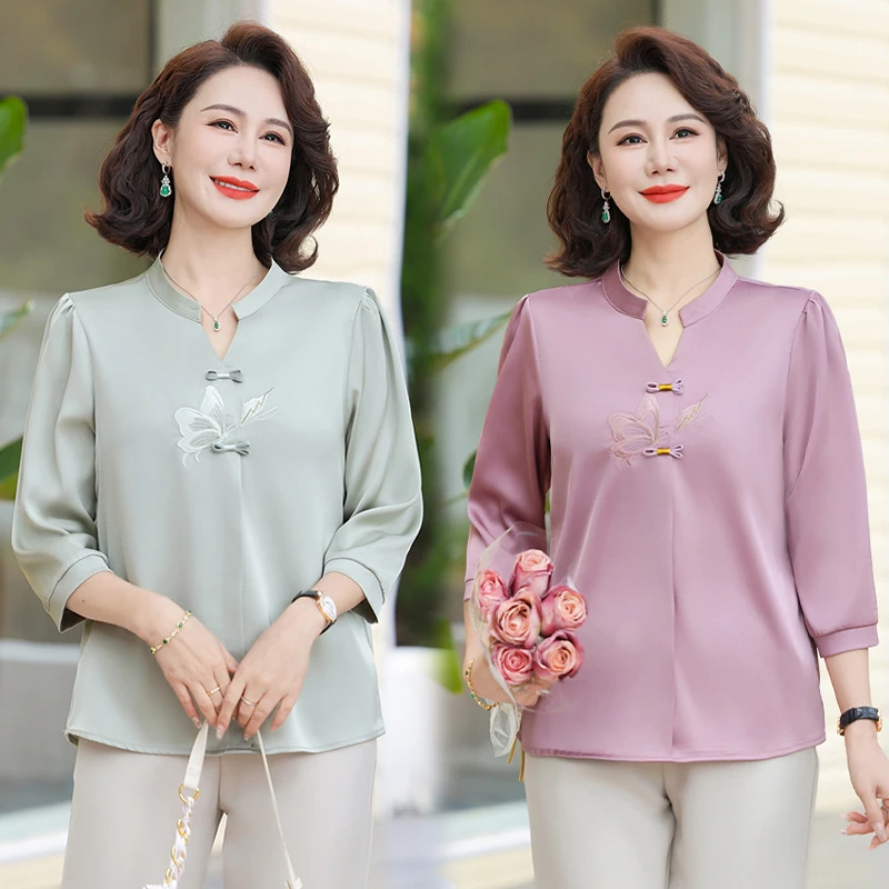 妈妈夏季时尚宽松七分袖小衫中老年新款国风夏装打底薄款T恤