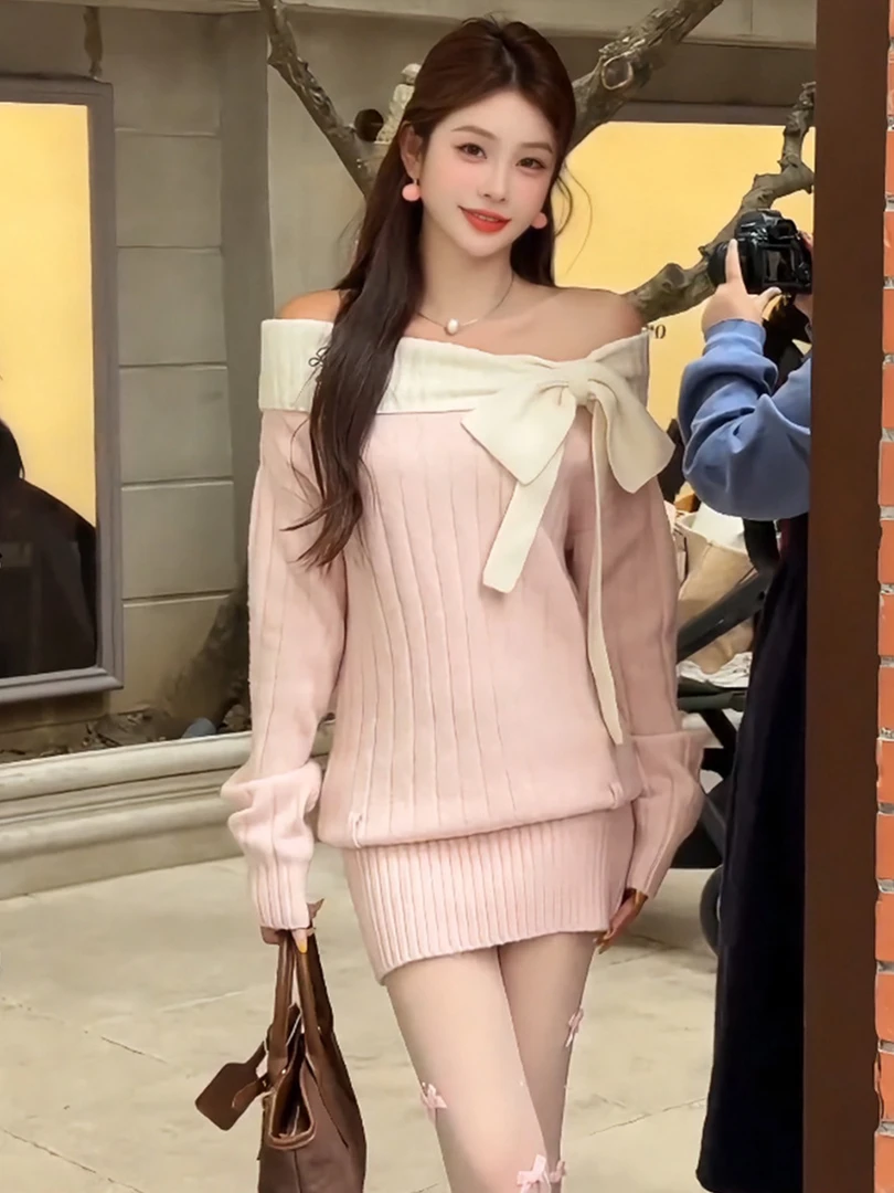 辣妹气质修身蝴蝶结撞色针织连衣裙女装2025秋冬新款性感包臀短裙