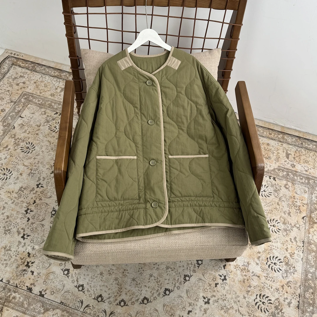 几里与麻 撞色葫芦格极简风棉服 衣长65胸围136 J654