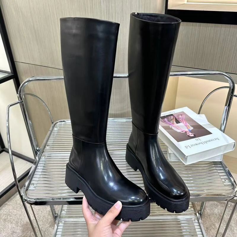 2025秋季款欧洲站真皮极简风厚底增高显瘦不过膝时装骑士靴女G389