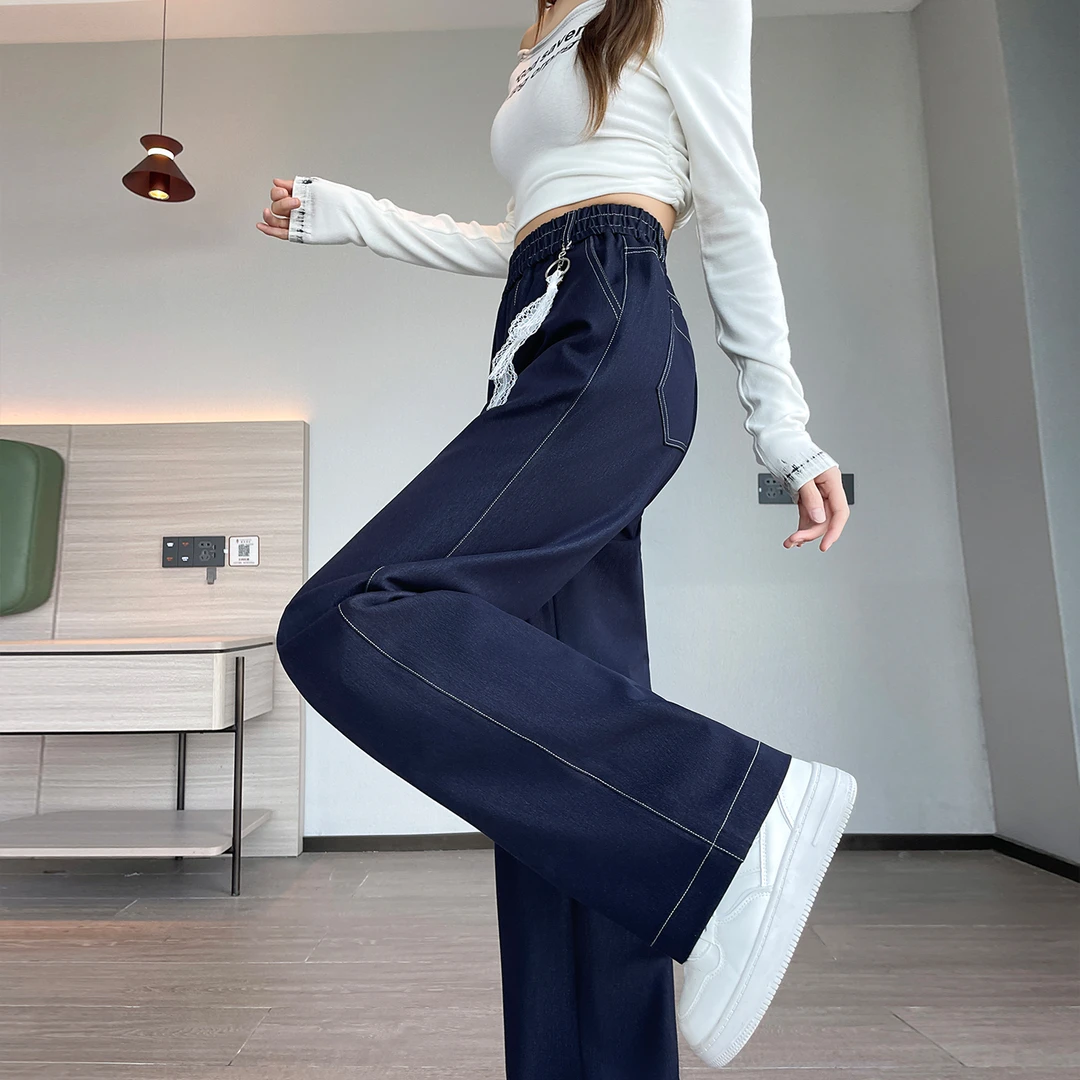 丹宁蓝直筒牛仔裤女2025春秋新款高腰宽松显瘦遮胯垂感窄版阔腿裤
