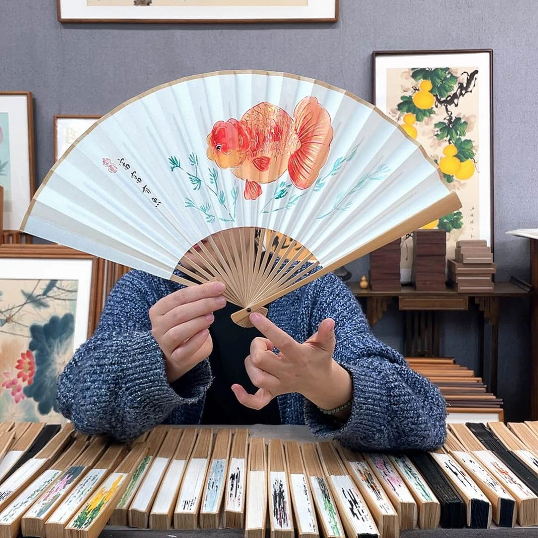 国画8寸玉竹-纯手绘-文玩扇骨（默认粘好）