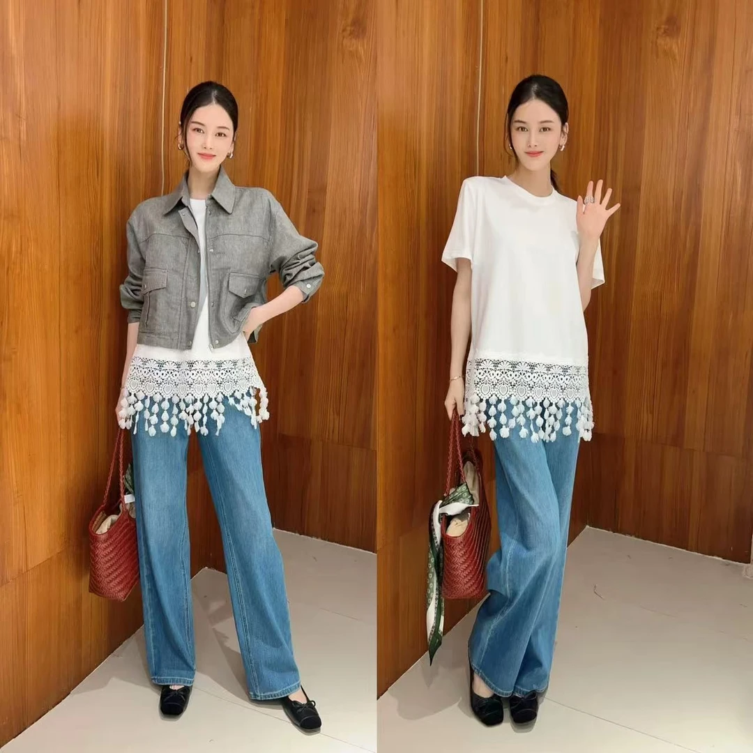 【666】504/22-557/139-9  休闲百搭圆领拼接镂空短袖T恤