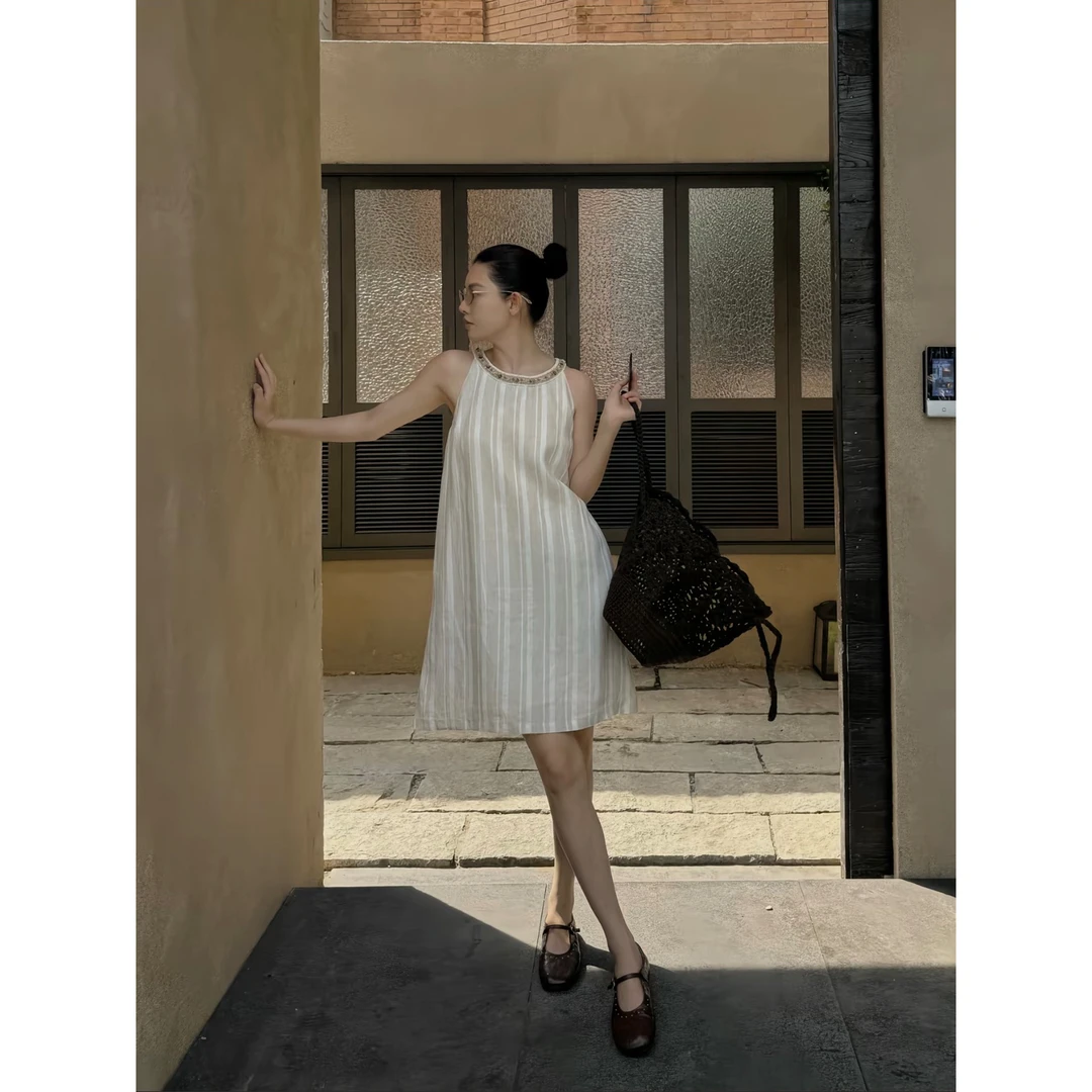 THESOONG|"异域美学"精选纯亚麻自然肌理立裁串珠连衣裙Z6727