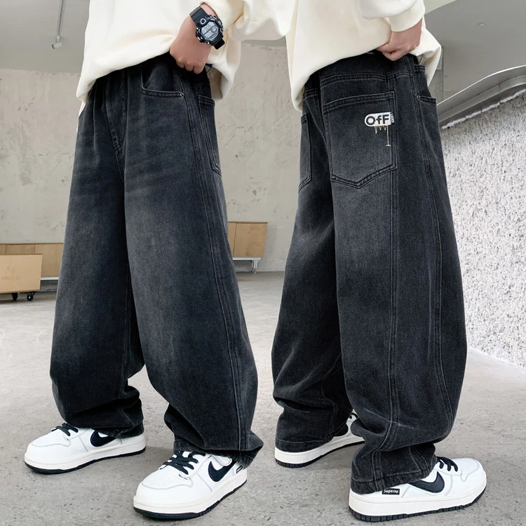 男童牛仔裤春秋季男孩新款儿童直筒裤宽松黑色运动装休闲百搭裤子