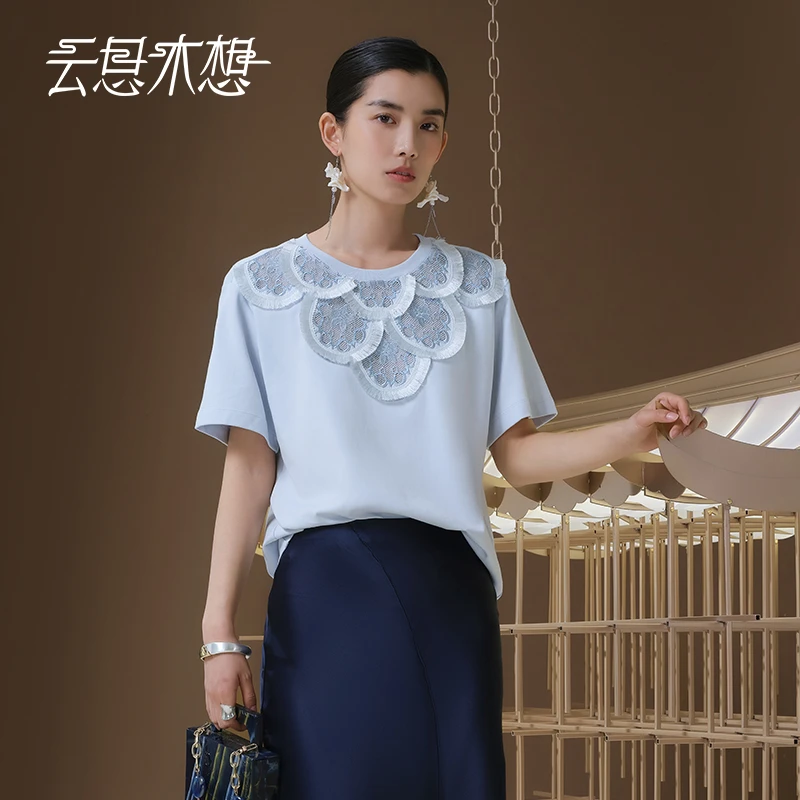 Ysimo-X云思木想 云窗花开 时尚镂空绣+流苏100棉圆领T恤12886