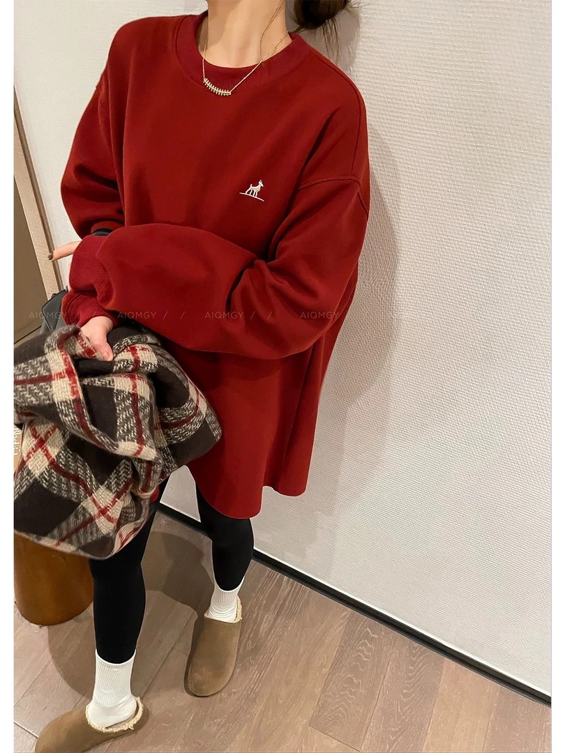 066红色刺绣卫衣女2025宽松加厚上衣洋气慵懒卫衣