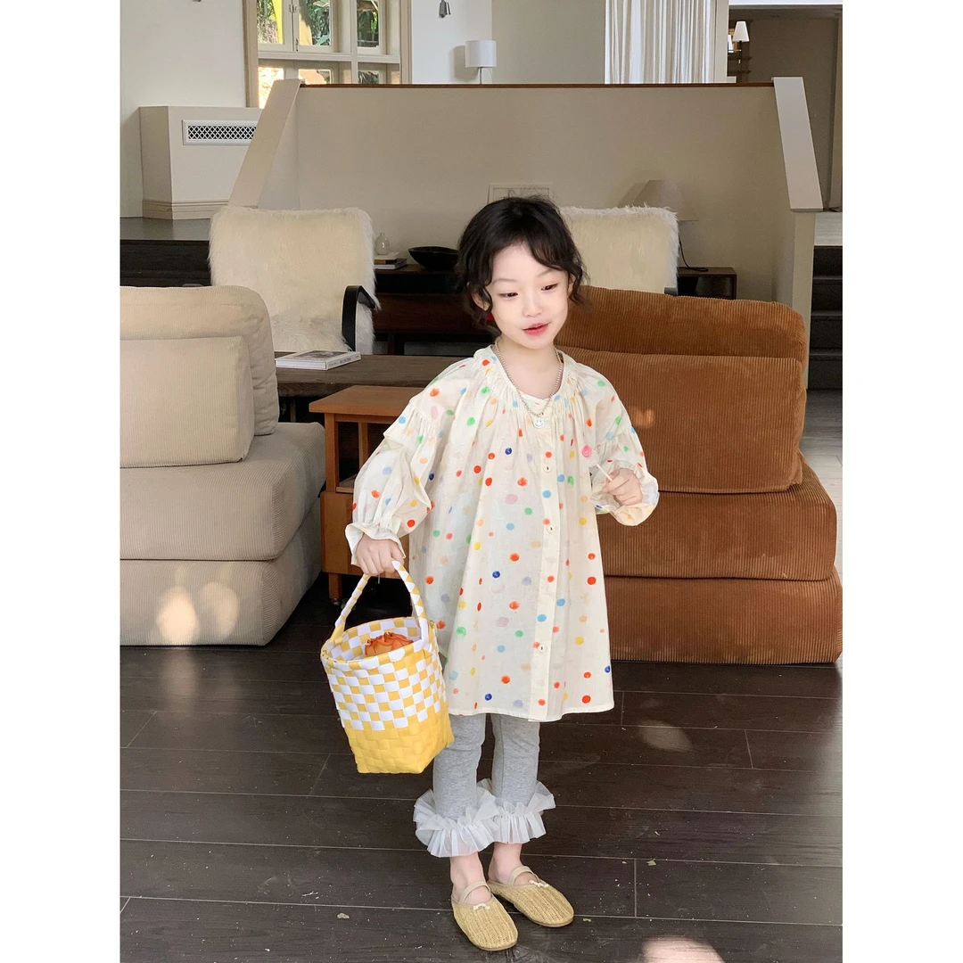小粉象 ·春季新款女童宽松休闲长袖衬衣儿童洋气彩色圆点套装