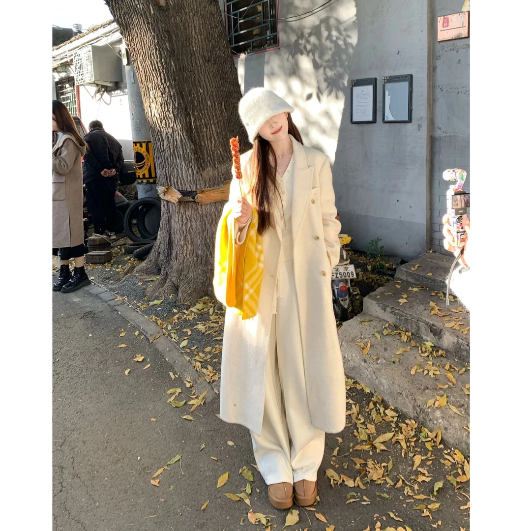 【首尔日落】纯羊毛大衣白色女士双排扣休闲双面羊呢大衣白色