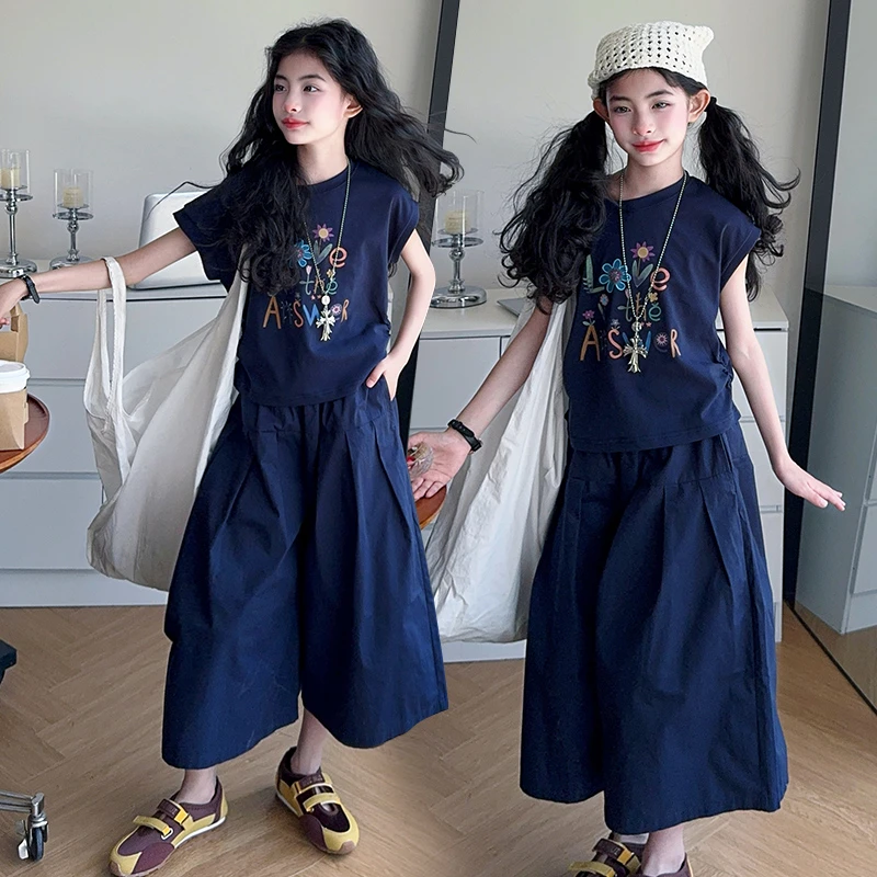 女童夏装套装大童2025新款女孩夏季短袖阔腿裤两件套休闲洋气时髦