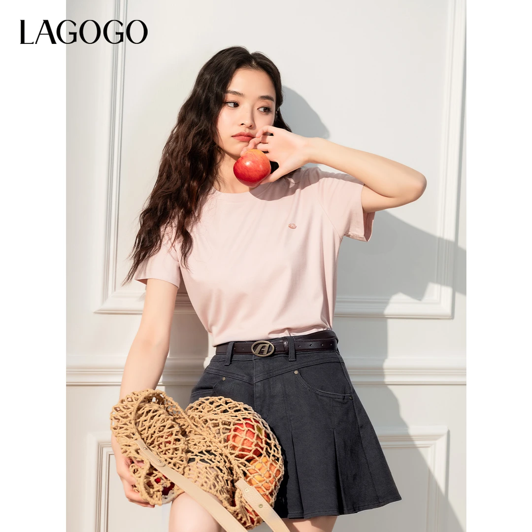 LAGOGO莱赛尔舒适简约T恤女拉谷谷2025春新款显瘦上衣OATT311G31