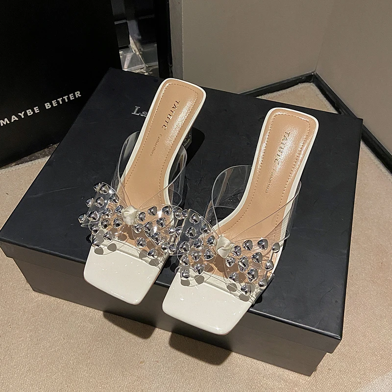 【7公分】2025夏季仙女风蝴蝶结水钻方头透明水晶粗跟露趾凉拖鞋