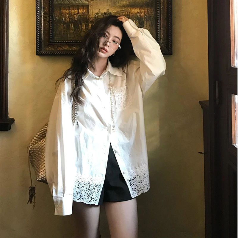 白色蕾丝拼接polo领衬衫女2025春季新款衬衣宽松慵懒风中长款上衣