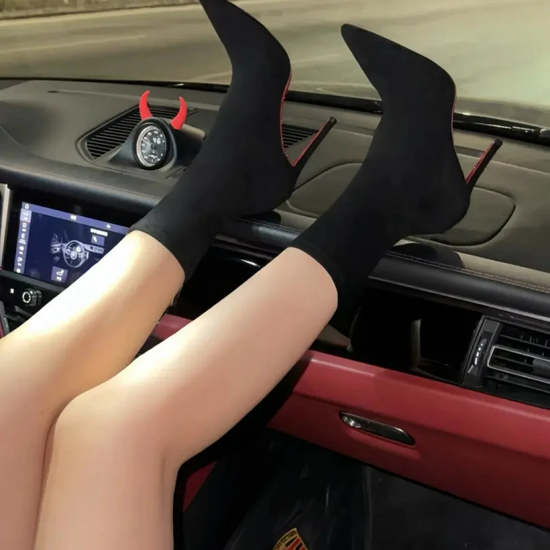 【显高显瘦显腿长】弹力瘦瘦靴红底黑色气质尖头细高跟短靴袜靴