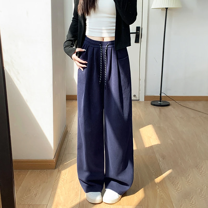 藏青色运动卫裤女春秋季2025新款高腰显瘦宽松休闲直筒百搭阔腿裤