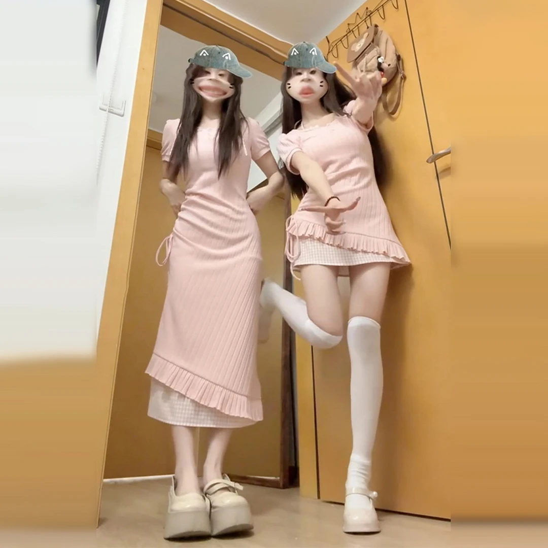 KQ2286法式粉色假两件挂脖连衣裙子秋季新款小个子不规则气质长裙