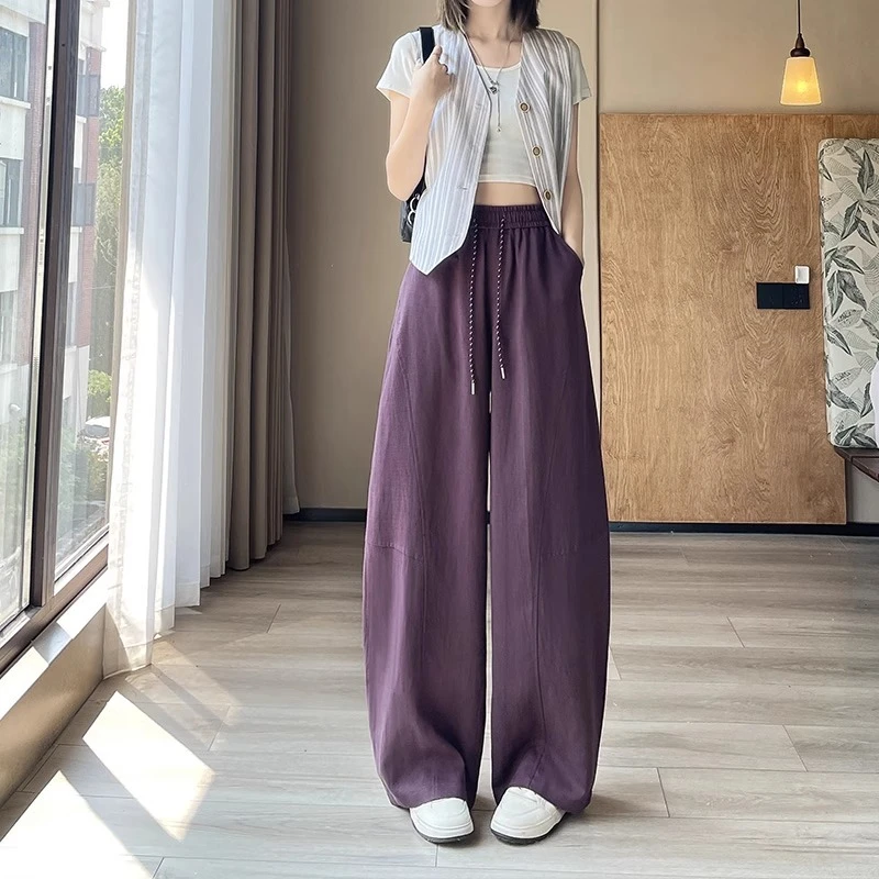 天丝亚麻阔腿裤女夏季薄款2025新款高腰垂感莱赛尔冰丝弯刀休闲裤