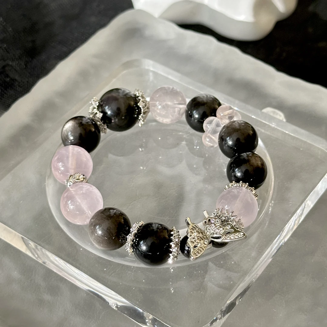 银曜石圆珠约14mm粉晶圆珠约14mm粉晶6mm圆珠跑环蝴蝶配件手串