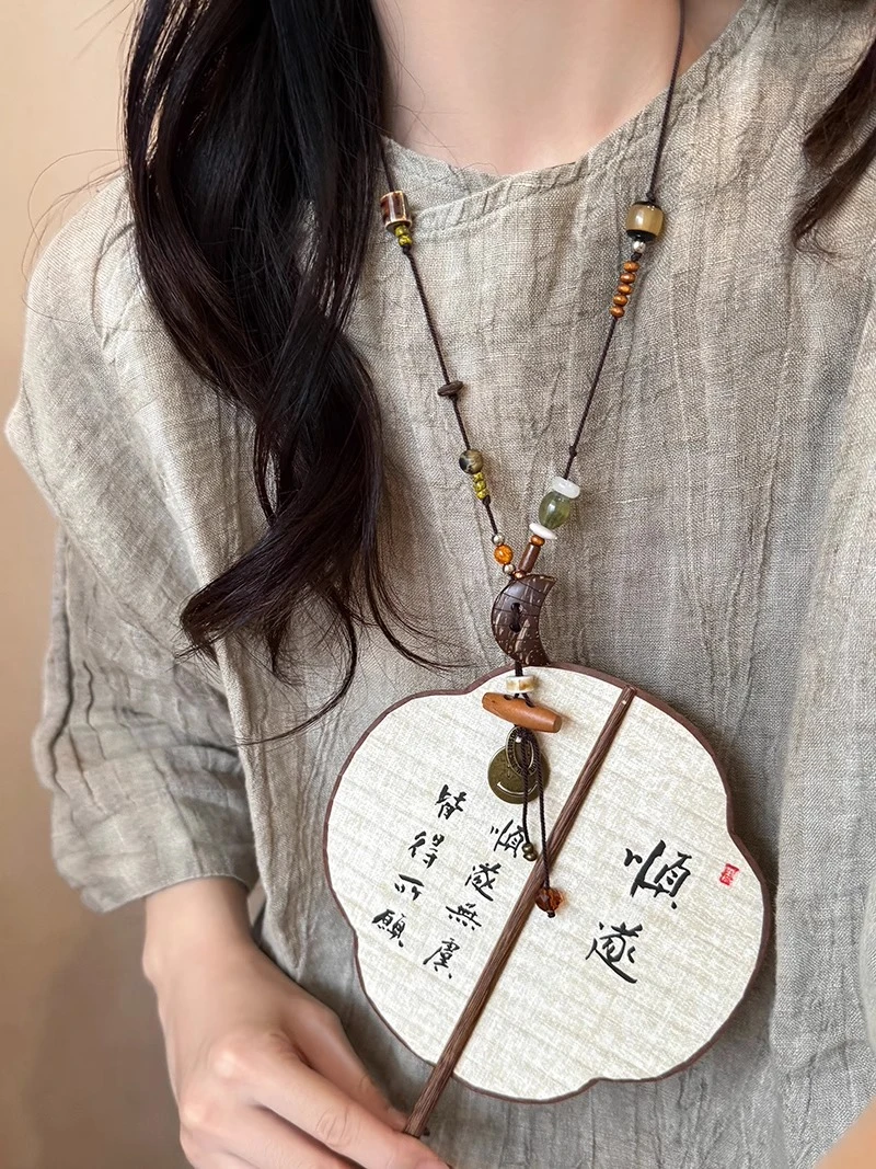 铜布艺项链 新中式月牙串珠项链女复古民族风长款毛衣链小众配饰