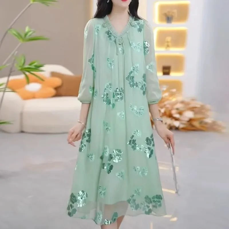 2025春夏新款高端时尚遮肉显瘦碎花裙子贵夫人洋气七分袖连衣裙女