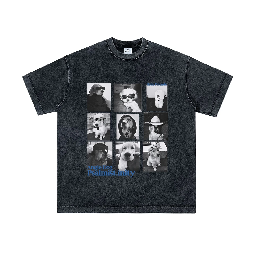 （画报小狗）美式复古水洗做旧短袖t恤男女夏季潮牌宽松纯棉半袖