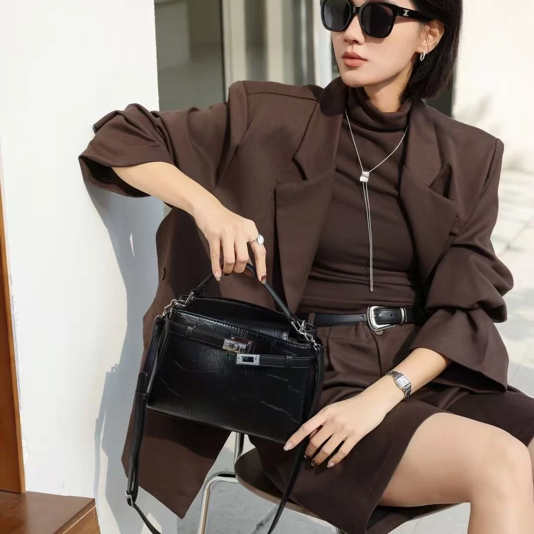 新款女士轻奢凯莉包石头纹时尚手提包女士单肩斜挎包（5122）