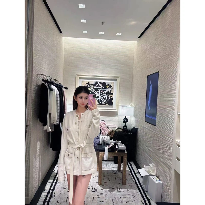 【LL】【CC】香家新款圆领针织开衫收腰系带撞色长袖