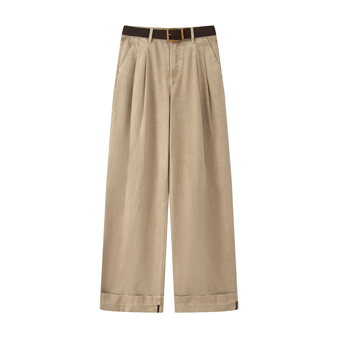 艾家高级感牛仔裤女2025新款高腰卷边阔腿裤子直筒裤-3028