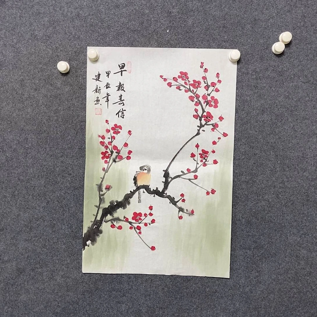 国画四尺三开花鸟画一副