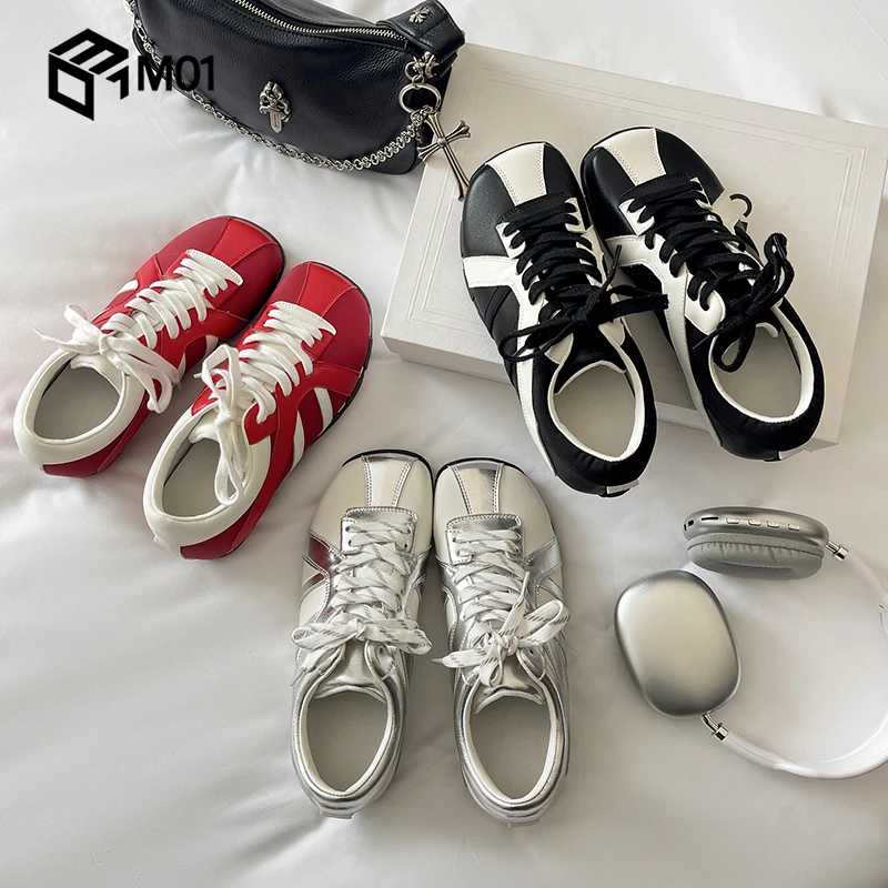 M01明星同款小方头斑马鞋2025年新款红色运动休闲拼色德训鞋女