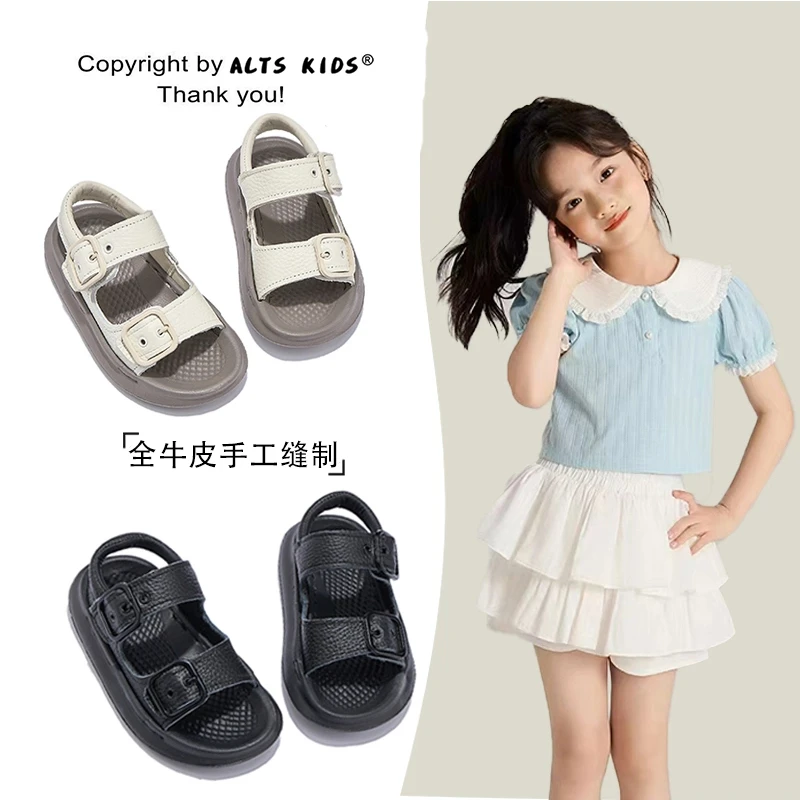 真皮新款夏季轻便沙滩鞋魔术贴凉鞋百搭休闲黑色女宝宝公主凉鞋