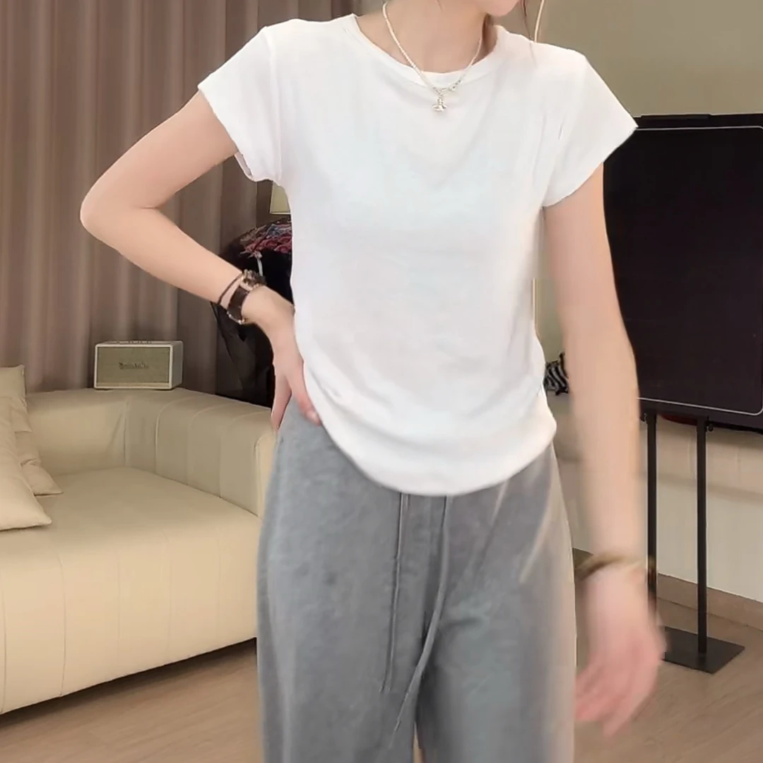 韩系时尚减龄基础显瘦短袖T恤2025夏季新款圆领百搭简约纯色上衣
