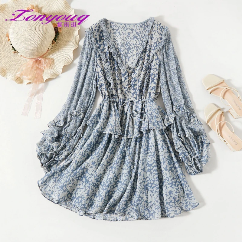 紫雨琪丝连衣裙长袖海边度假沙滩裙桑蚕丝蓝色法式收腰休闲