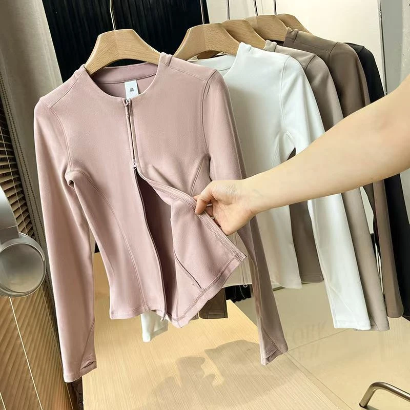 大厂订单!焦家双开拉链摇粒绒打底衫短外套上衣女修身长袖T恤秋