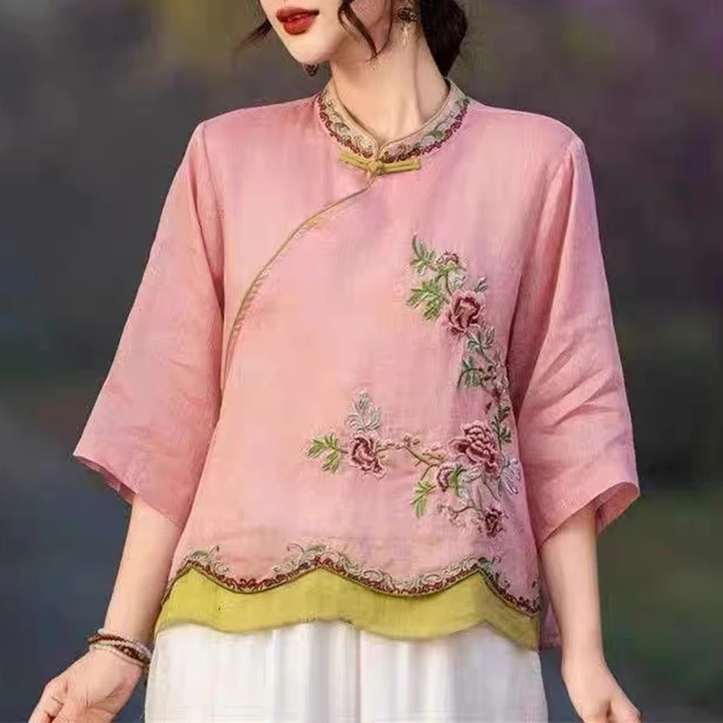 复古盘扣苎麻内里包边刺绣衬衫女夏文艺大码显瘦国风新中式上衣