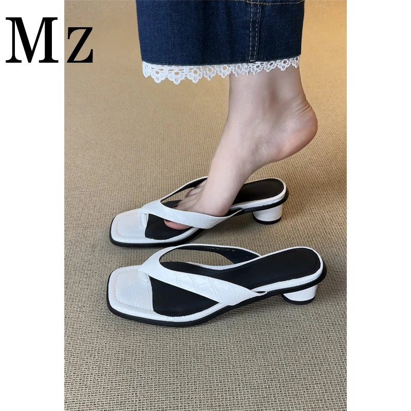 Mr.Zheng/4cm/粗跟露趾夏季新款休闲懒人人字拖黑色简约女鞋