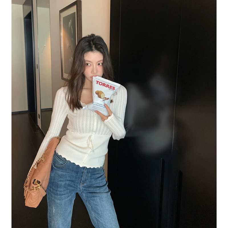 【ALONE SAVOR】龍喜儿miu系千金早秋温柔风抽绳针织衫花边T521