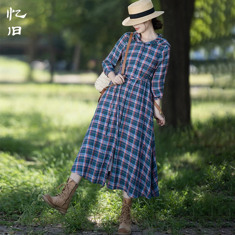 现货853【青春绽放】复古亚麻蓝方格子风衣女秋连帽收腰设计感外套