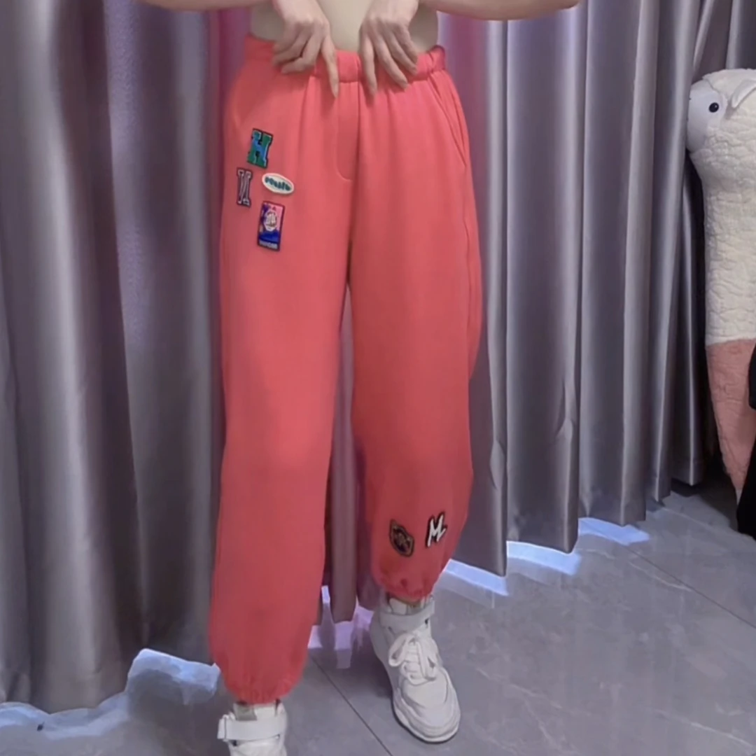 1823欧洲站冬季休闲裤女加绒加厚高腰显瘦束脚字母刺绣卫裤子