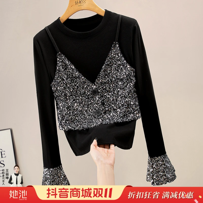 丝柏舍2025秋装新款女装设计感亮片正肩假两件打底衫S53B4106E