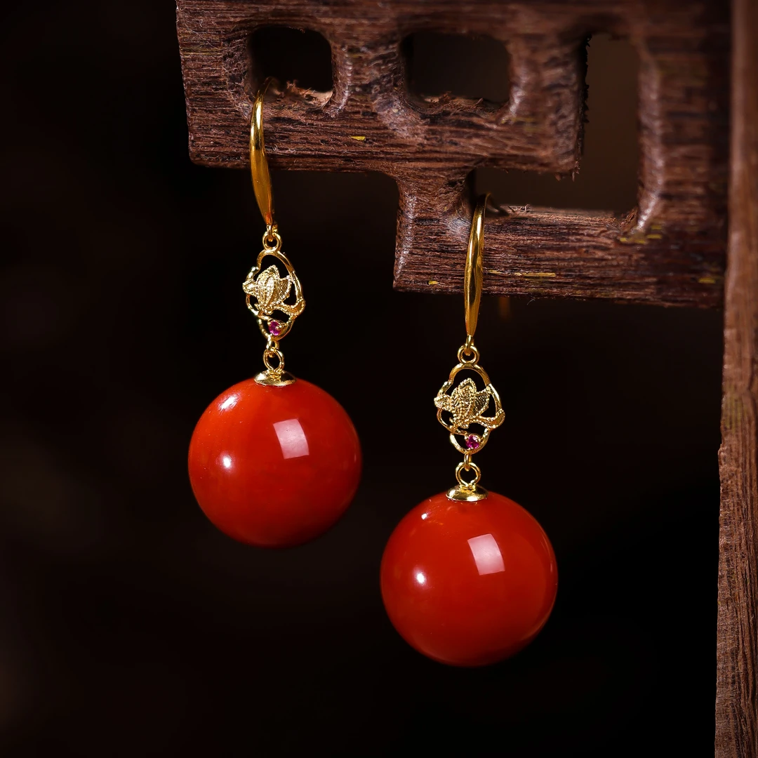 【桃总推荐】18K瓦西牛血红南红13mm圆珠耳坠@@ZY40831011