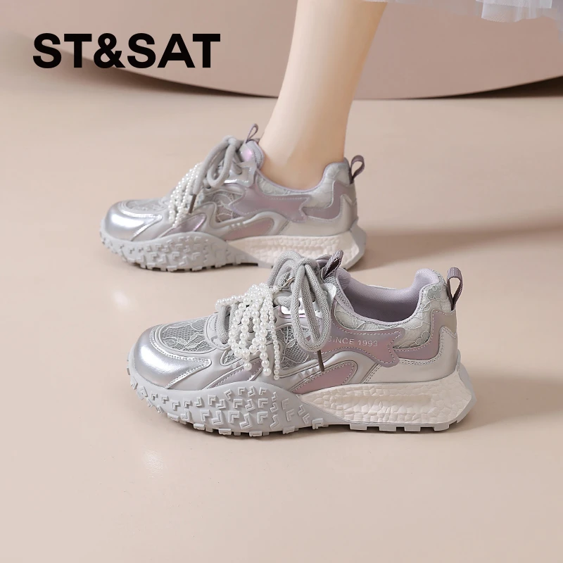 星期六百搭运动鞋女士2025新款夏季透气休闲鞋时尚厚底蕾丝网面鞋