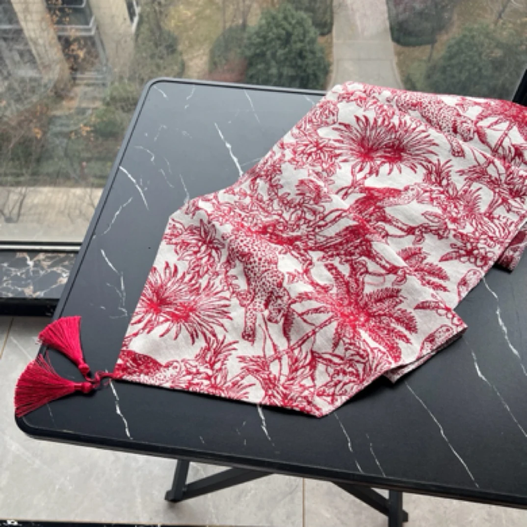 【红色椰子树桌旗】新中式红色餐桌桌旗法式中国风轻奢茶几布