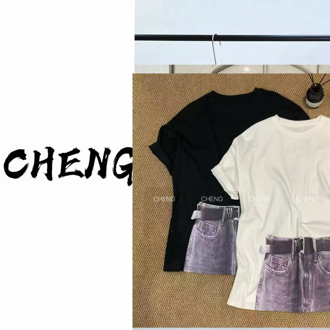 高端欧货2025夏季新款休闲百搭圆领印花牛仔裤图案短袖T恤女上衣