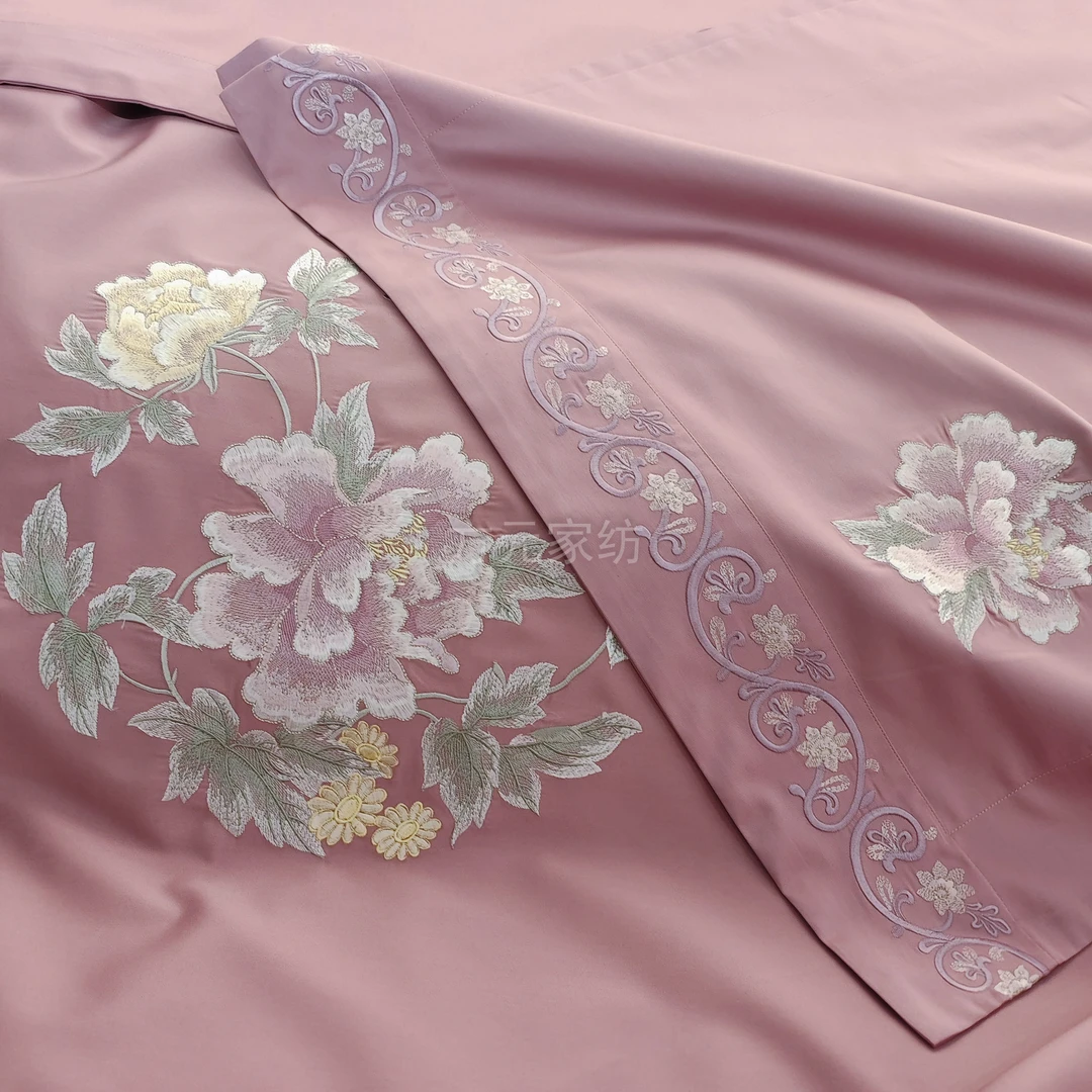 新款花逸hy*紫粉色全棉贡缎四件套亲肤新中式刺绣轻奢软糯绣花