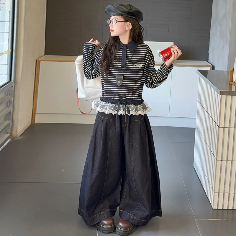 女童秋装套装2025新款洋气秋季大童女孩时髦条纹花边牛仔裤两件套